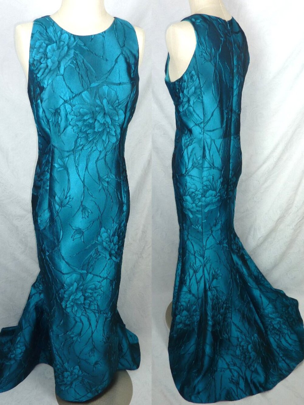 CARMEN MARC VALVO 16 Gorgeous TEAL BLUE FLORAL JAQUARD GOWN Maxi Dress